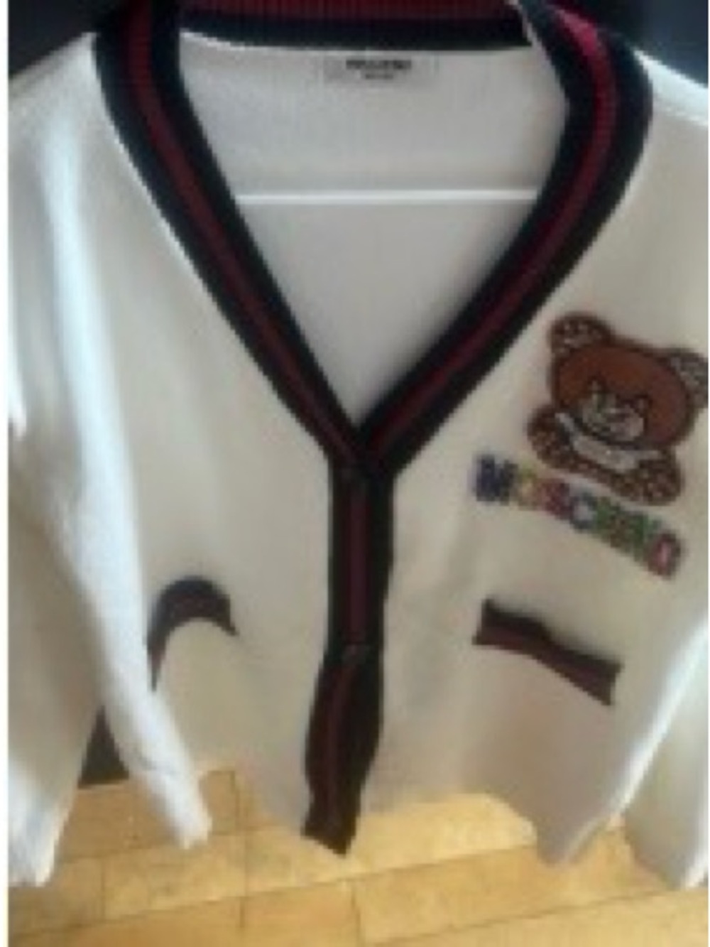 Moschino Cardigan with Navy and Burgundy Trim and Bear Patch with Colorful Gems